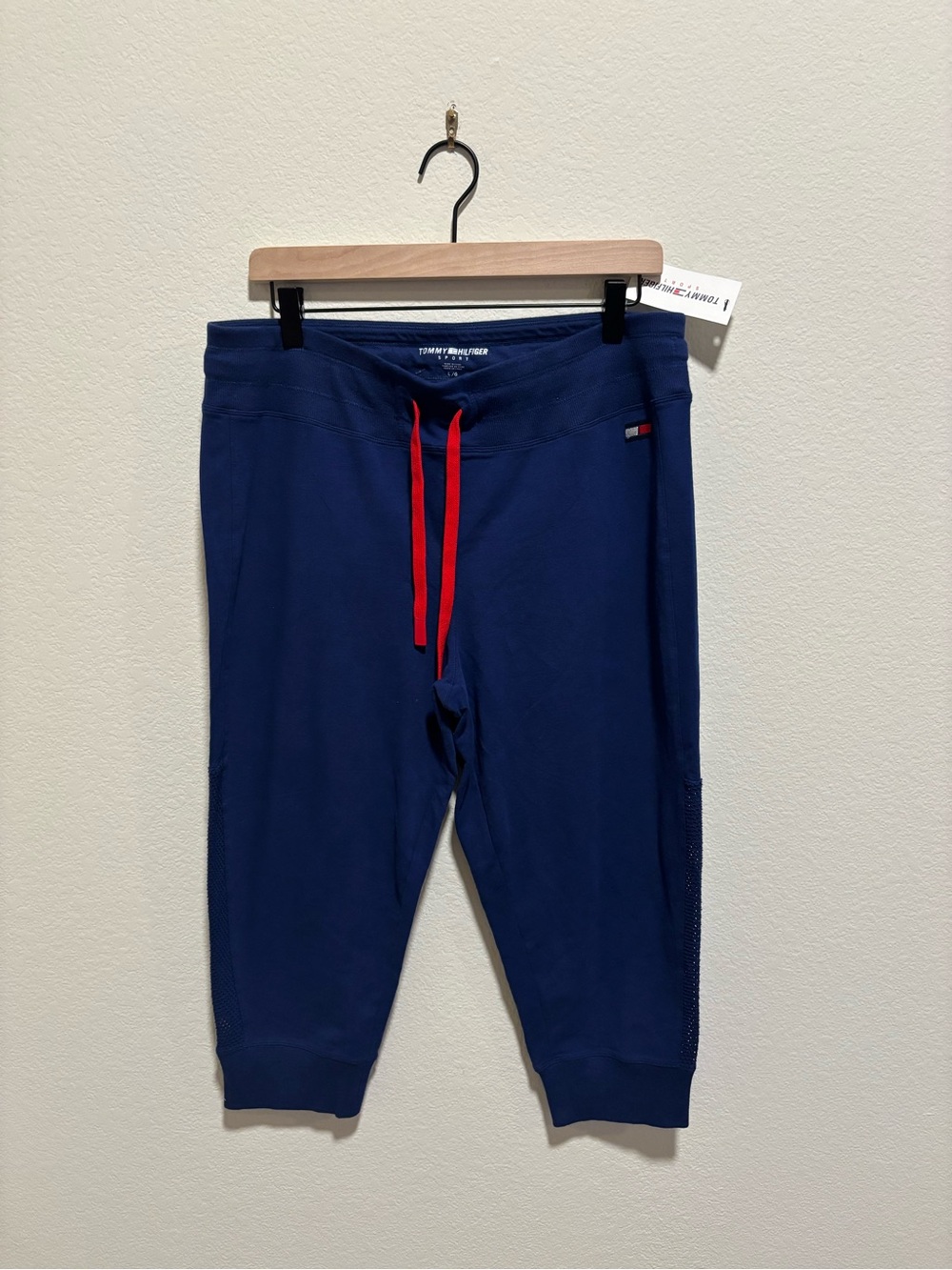 NWT Tommy Hilfiger Sport Navy Cropped Joggers with Red Drawstring & Flag logo